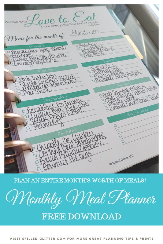 Monthly Meal Menu Planner for Create 365 MAMBI Happy Planner Free Menu Dinner Planning Download