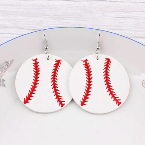 Round Leather Baseball Dangle Earrings
