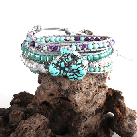 Faye Turquoise Stone 5 Strand Leather Wrap Bracelet
