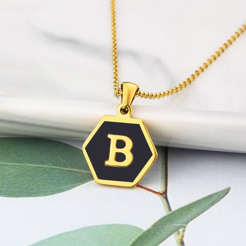 Aurora Hexagon Black Gold Initial Necklace