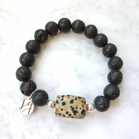 Posey Spotted Lava Charcoal Dalmatian Jasper Beaded Aromatherapy Essential Oil Stretch Bracelet