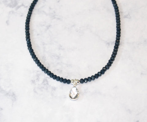 charcoal blue choker necklace with simple crystal teardrop dangle