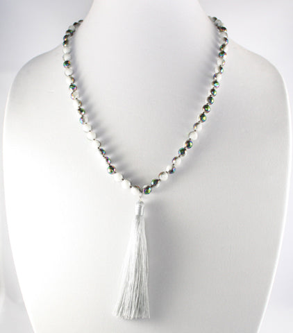 34" White Iridescent Faceted Agate Long Necklace with 4" Light Gray Silky Tassel Dangle