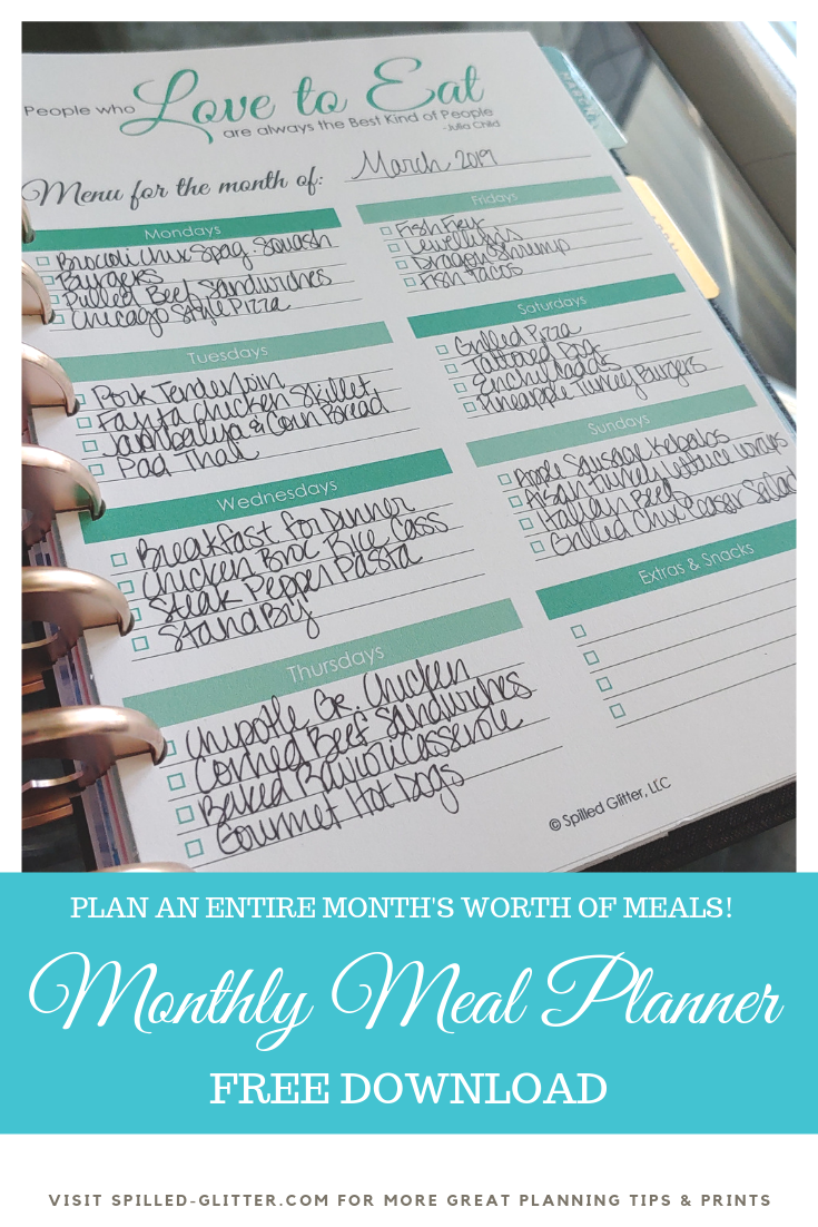 Monthly Meal Menu Planner for Create 365 MAMBI Happy Planner Free Menu Dinner Planning Download