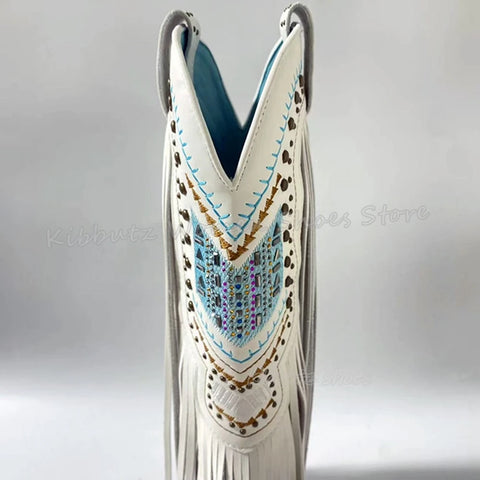 Genuine Leather Detailed Fringe Cowgirl Boots