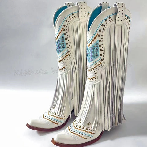 Genuine Leather Detailed Fringe Cowgirl Boots