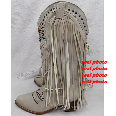 Genuine Leather Detailed Fringe Cowgirl Boots