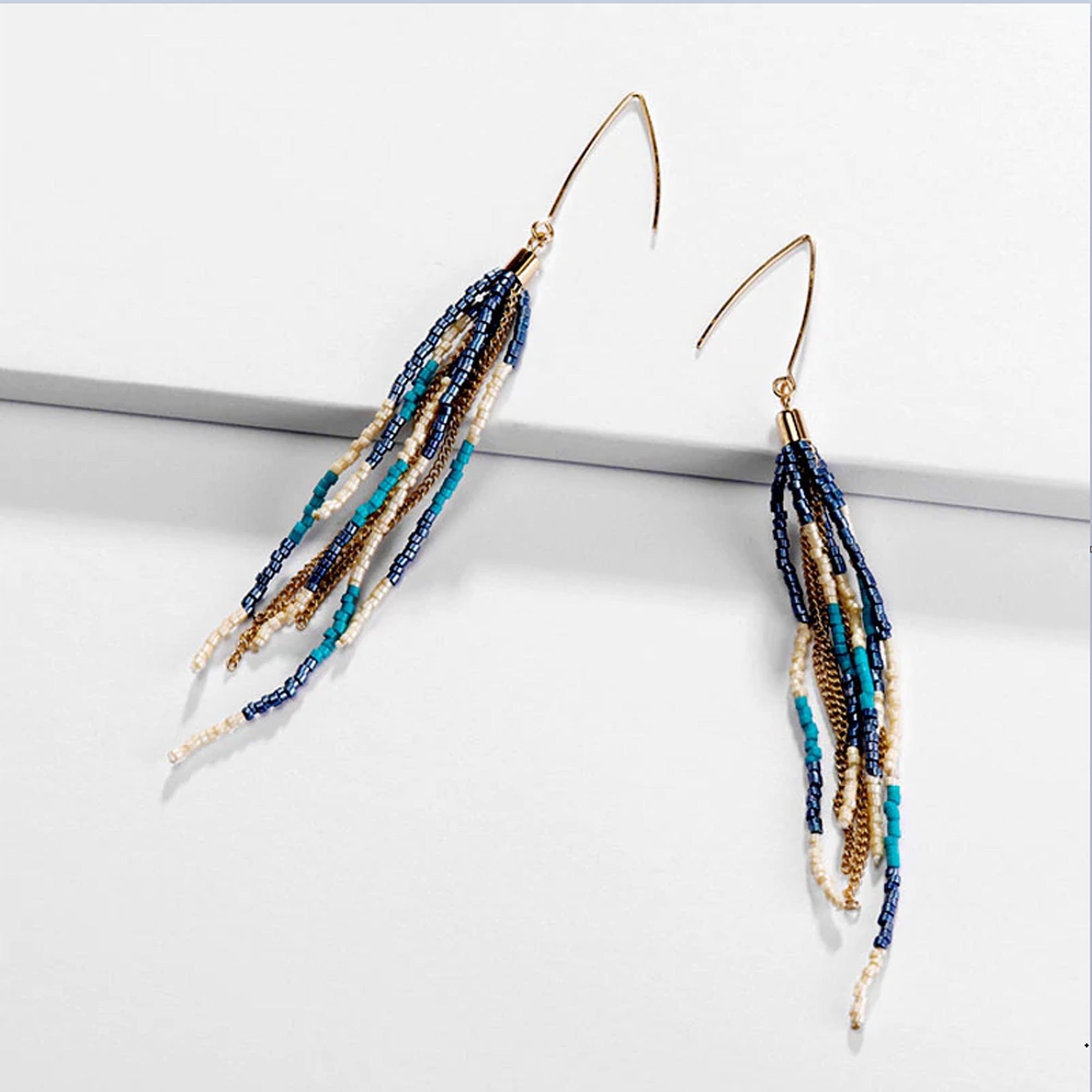 Paisley Beaded Blue Tassel Earrings