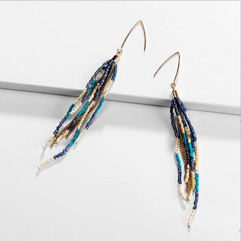 Paisley Beaded Blue Tassel Earrings