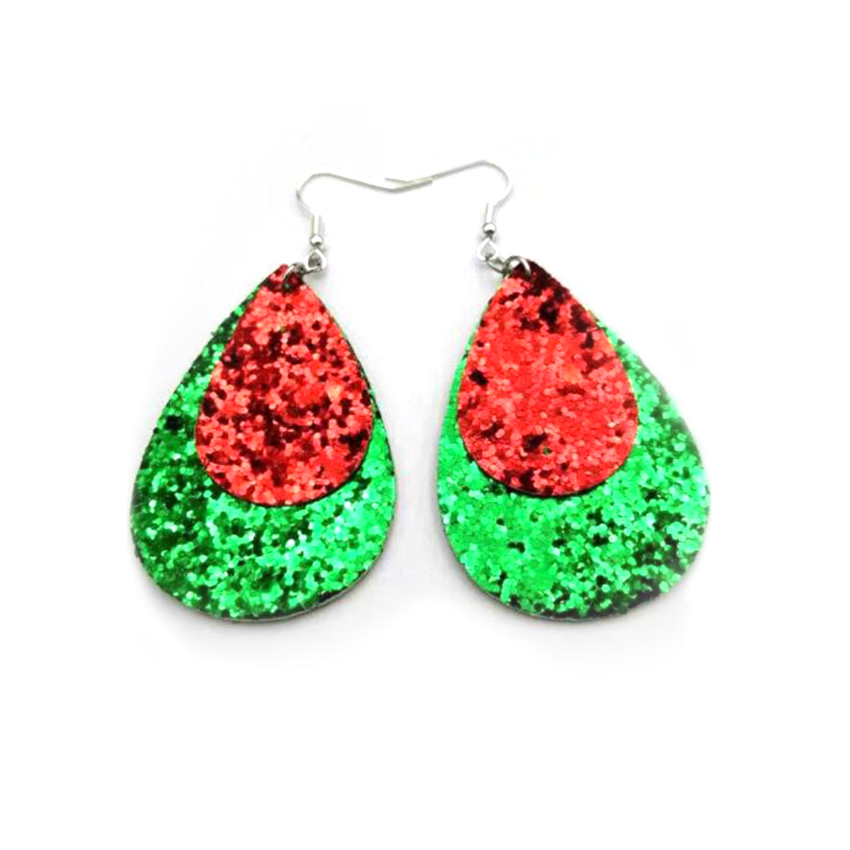 Festive Green and Red Leather Sparkle Teardrop Dangle Earrings