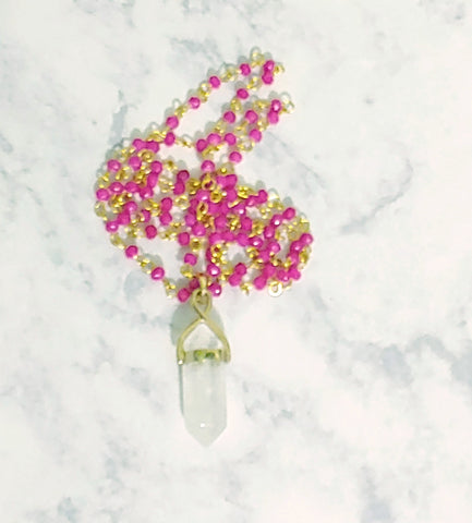 Bándearg Bright Pink Crystal with Quartz Pendant Necklace