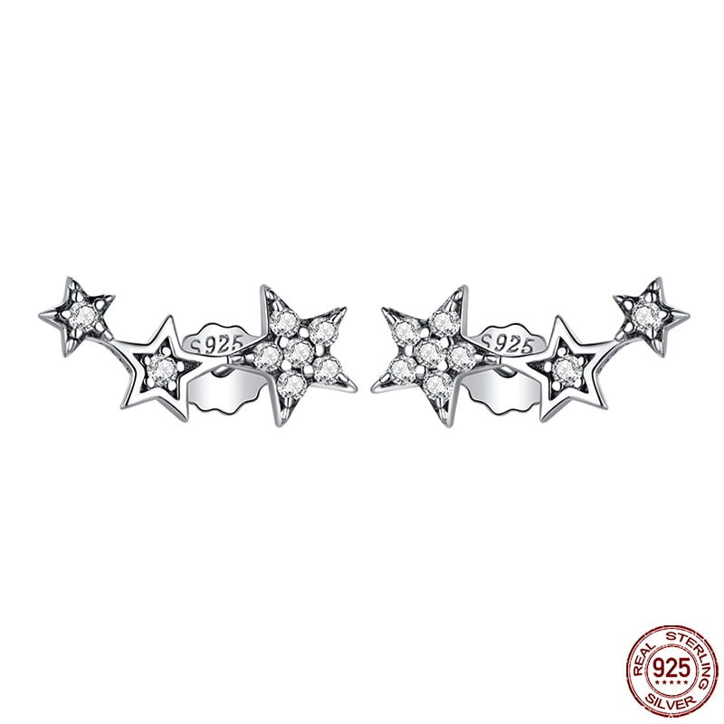 Silver 3 Star Pave 925 Sterling Silver Stud Earrings
