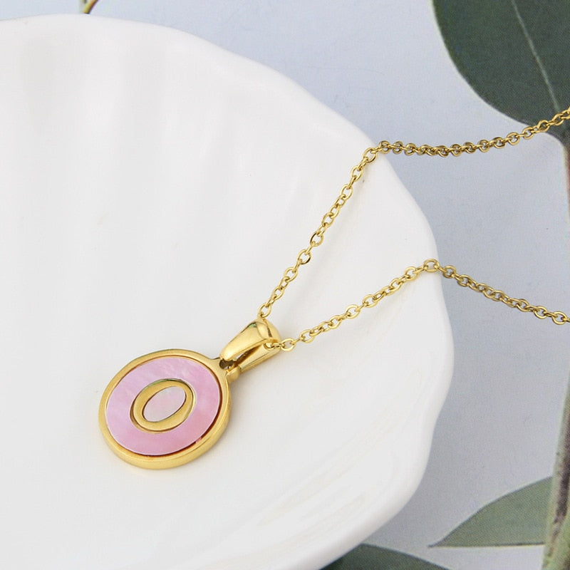 Aurora Round Pink Shell Gold Initial Necklace