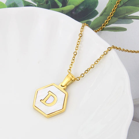 Aurora Hexagon White Shell Gold Initial Necklace