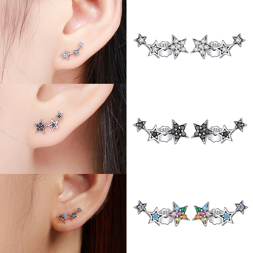 Silver 3 Star Pave 925 Sterling Silver Stud Earrings