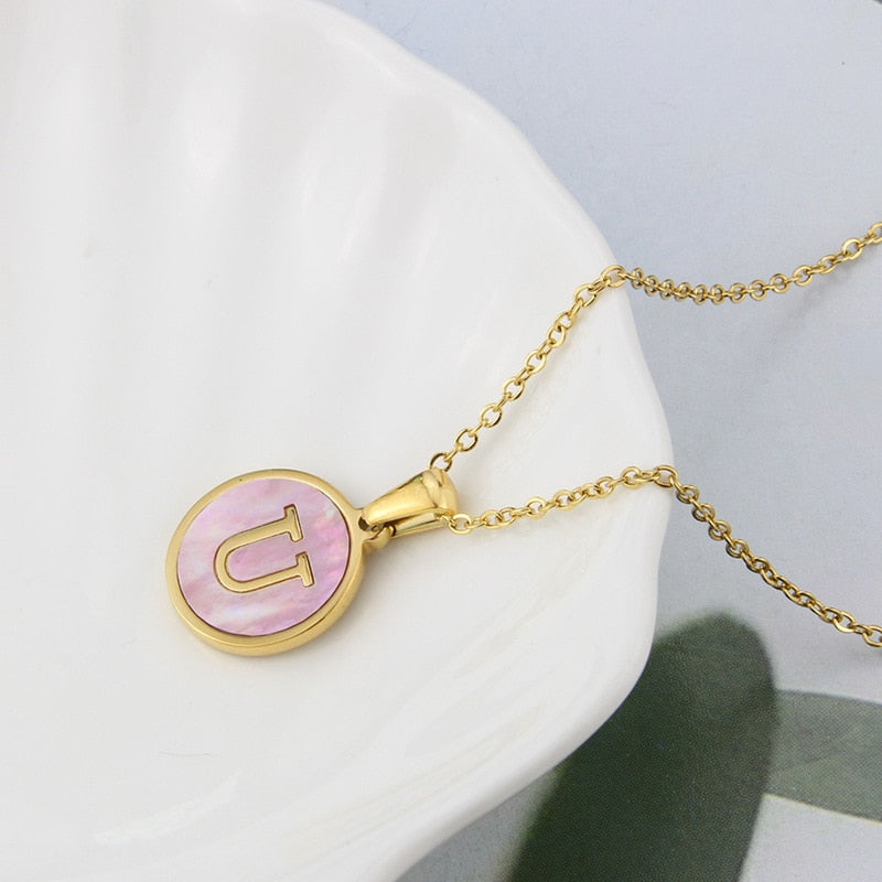 Aurora Round Pink Shell Gold Initial Necklace