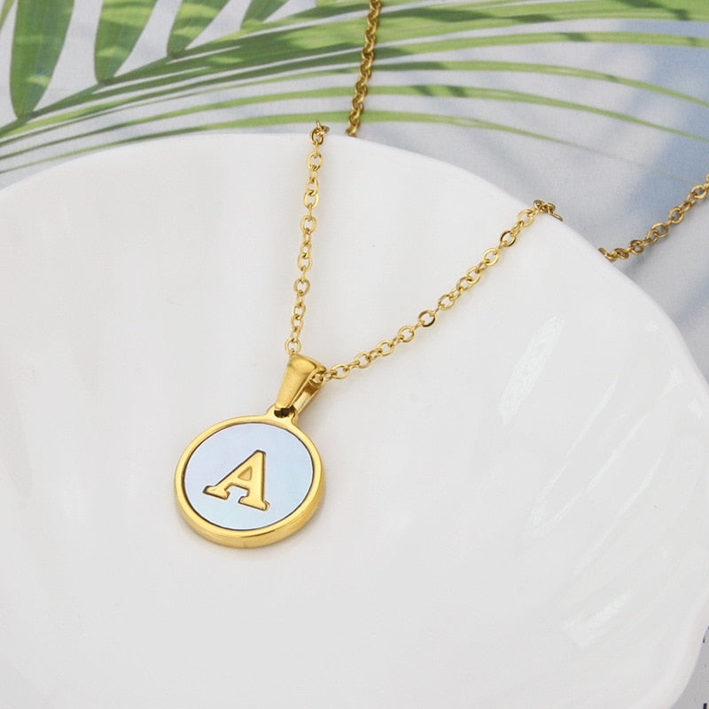 Aurora Round Blue Shell Gold Initial Necklace