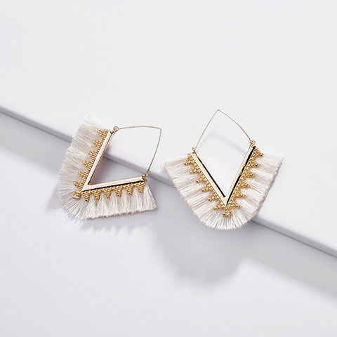 Maya Triangle Gold White Fringe Tassel Earrings