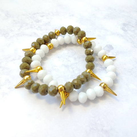 Ivy Olive Green White Gold Spike Beaded Stretch Bracelet Set