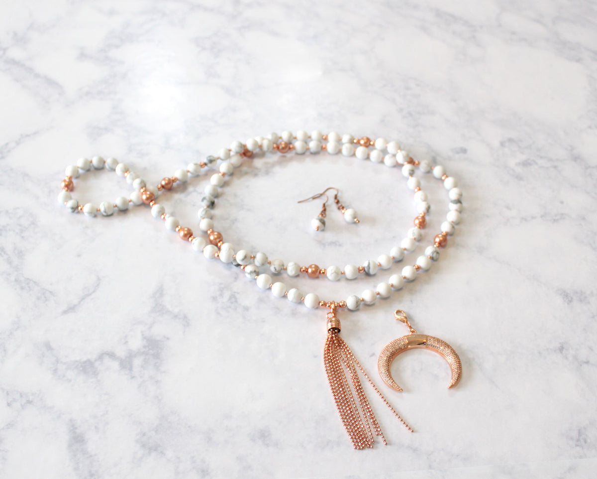 Over the Moon Rose Gold Hematite and Howlite Beaded Tassel Crescent moon Necklace