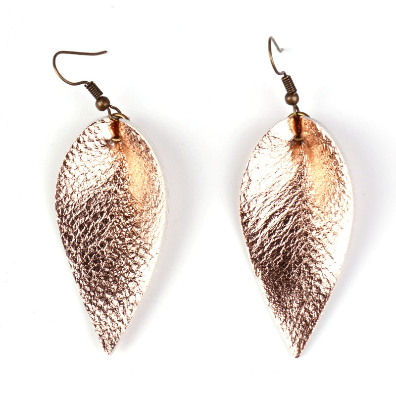 Rose Gold Leaf Leather Teardrop Dangle Earrings inspired by Joanna Gaines