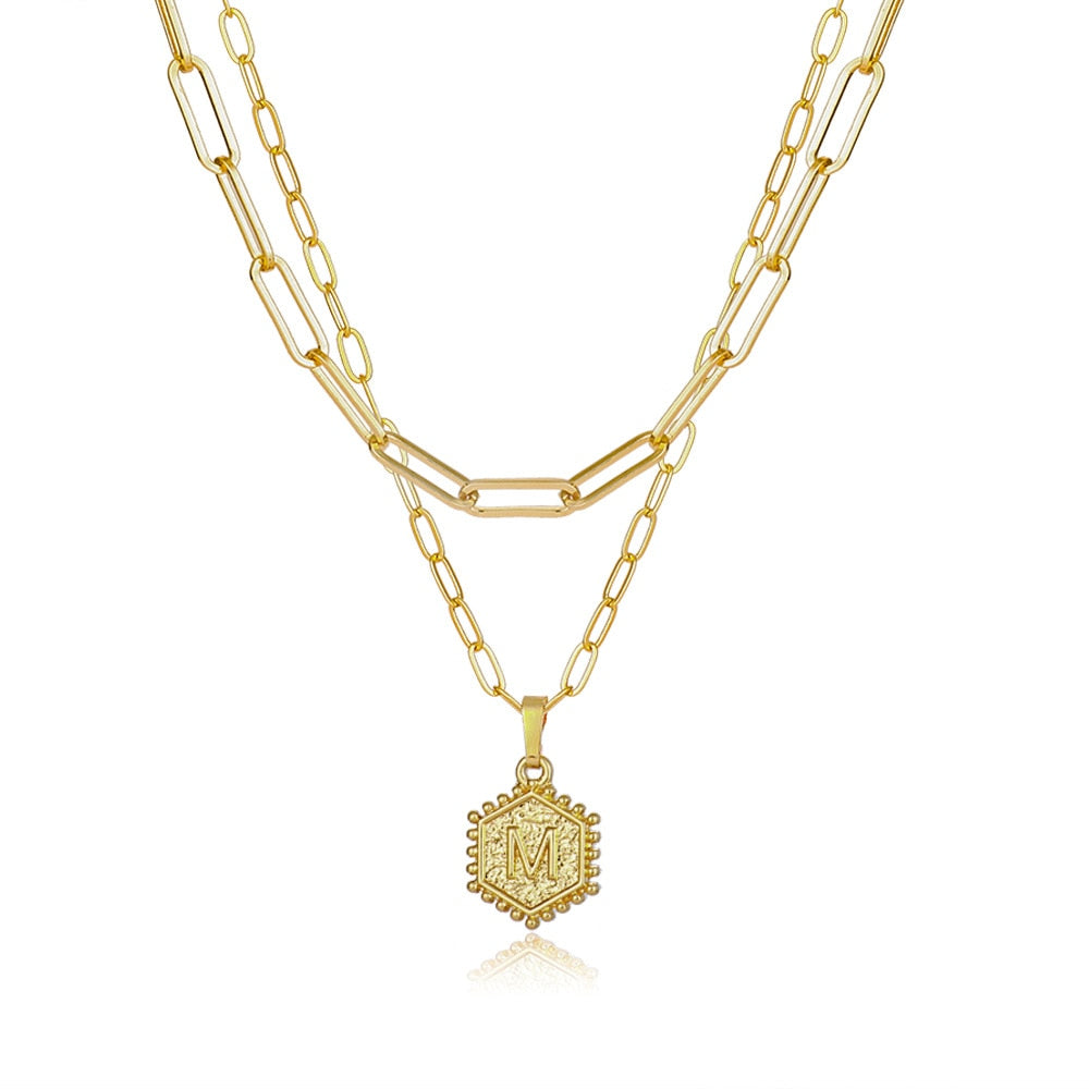 Gold Double Layer Paperclip Link Chain Initial Necklace