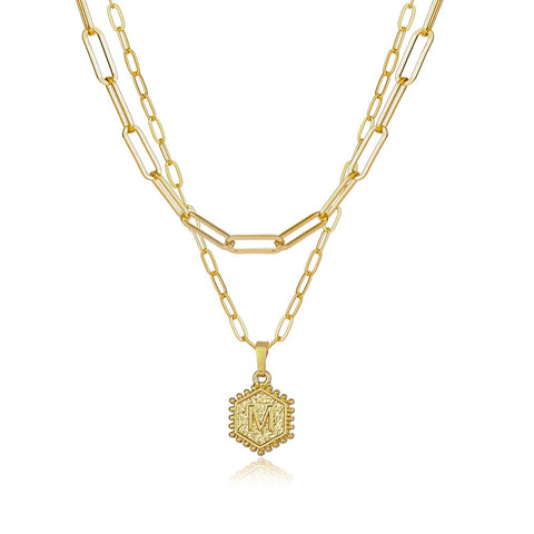 Gold Double Layer Paperclip Link Chain Initial Necklace
