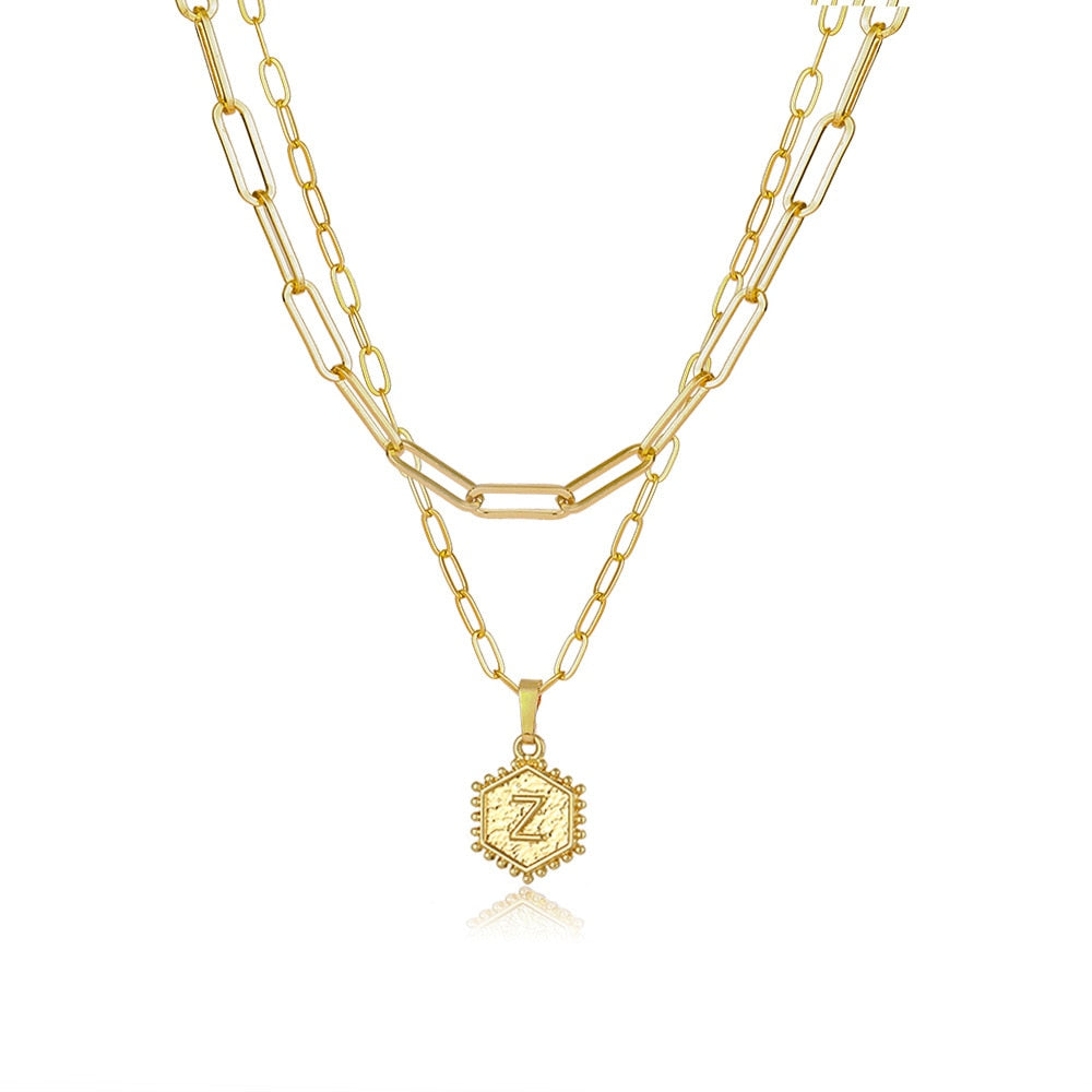 Gold Double Layer Paperclip Link Chain Initial Necklace