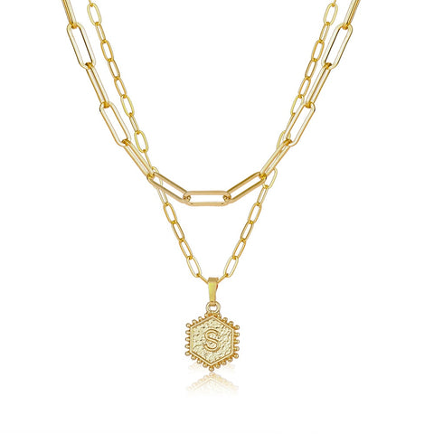 Gold Double Layer Paperclip Link Chain Initial Necklace
