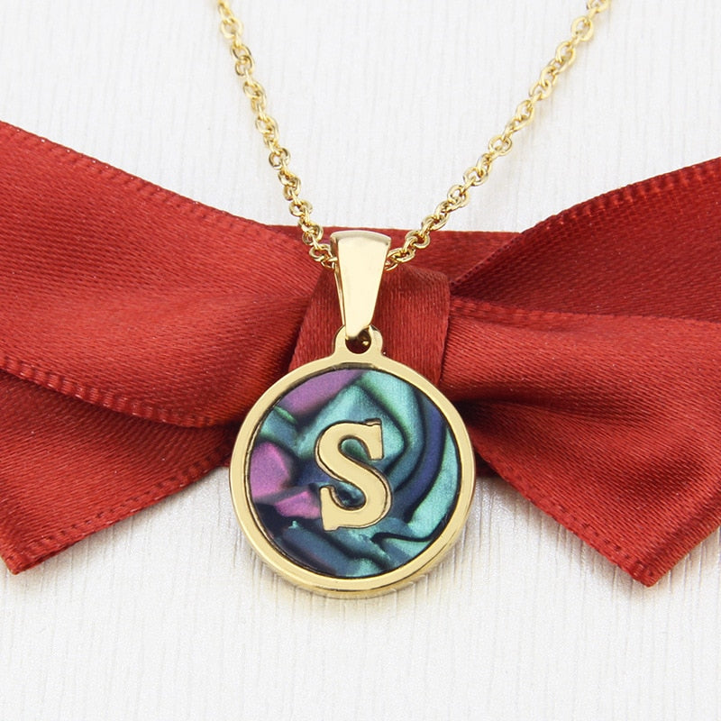 Aurora Round Abalone Shell Gold Initial Necklace
