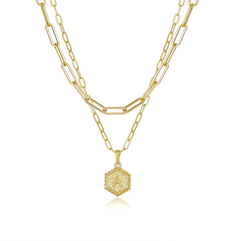 Gold Double Layer Paperclip Link Chain Initial Necklace