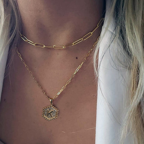 Gold Double Layer Paperclip Link Chain Initial Necklace