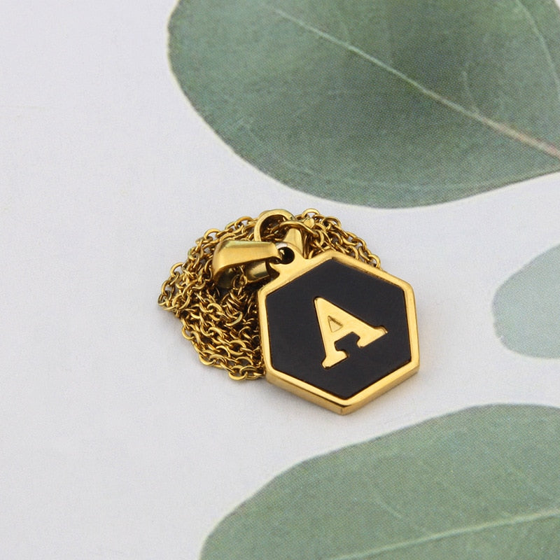 Aurora Hexagon Black Gold Initial Necklace