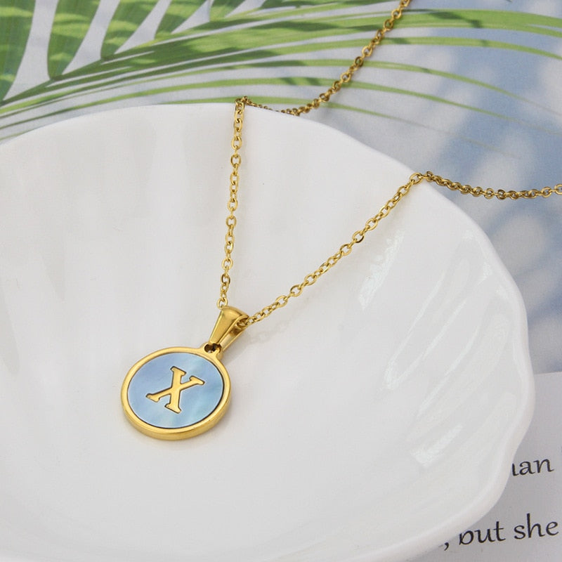 Aurora Round Blue Shell Gold Initial Necklace