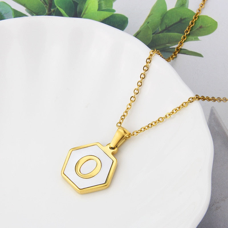 Aurora Hexagon White Shell Gold Initial Necklace
