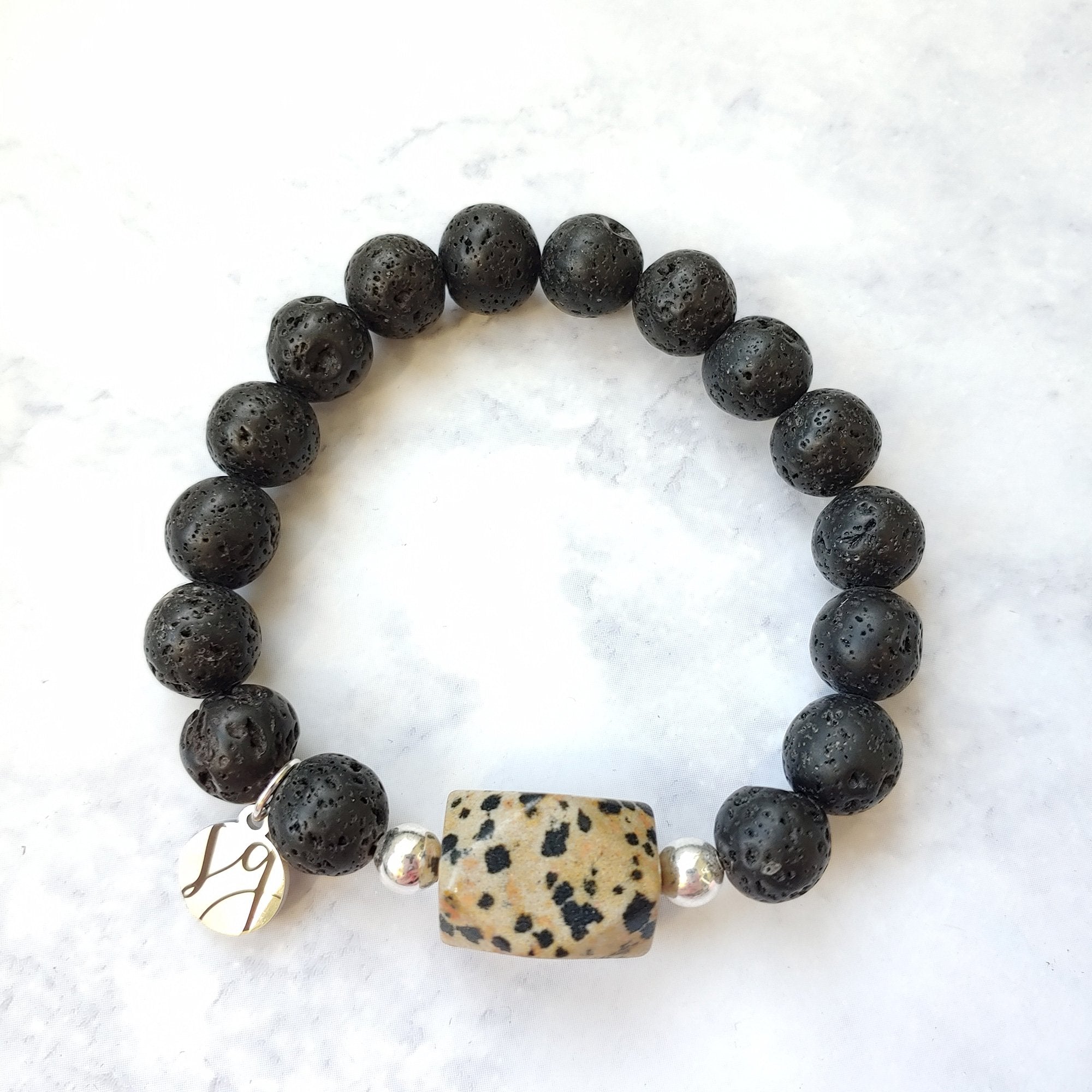 Posey Spotted Lava Charcoal Dalmatian Jasper Beaded Aromatherapy Essential Oil Stretch Bracelet