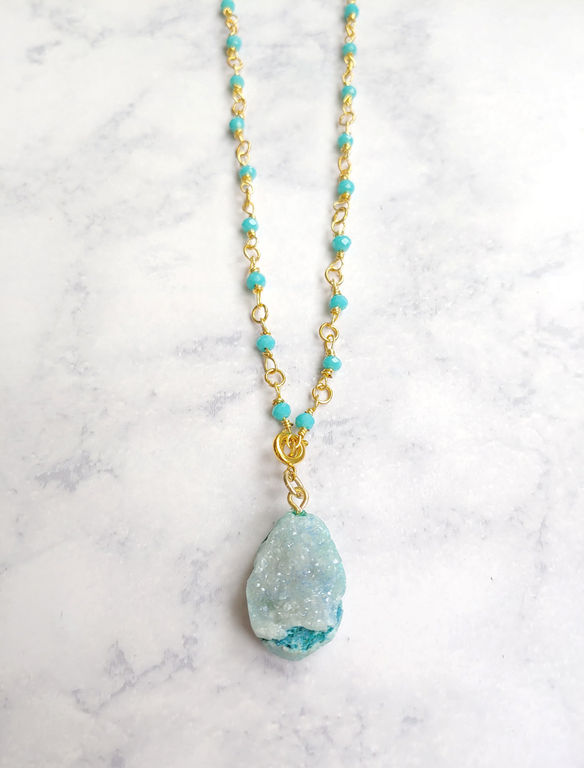 Skye Teal Druzy Geode Beaded Gold Wire Wrapped Necklace