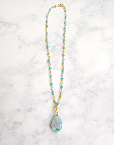 Skye Teal Druzy Geode Beaded Gold Wire Wrapped Necklace
