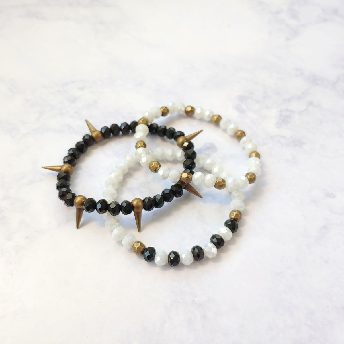 Isla Olive Green Charcoal, White and Gold Spike Stretch Bracelet Set