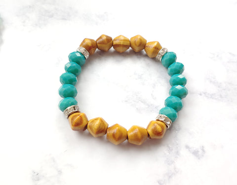 Wood and Teal Beaded Stretch Bracelet
