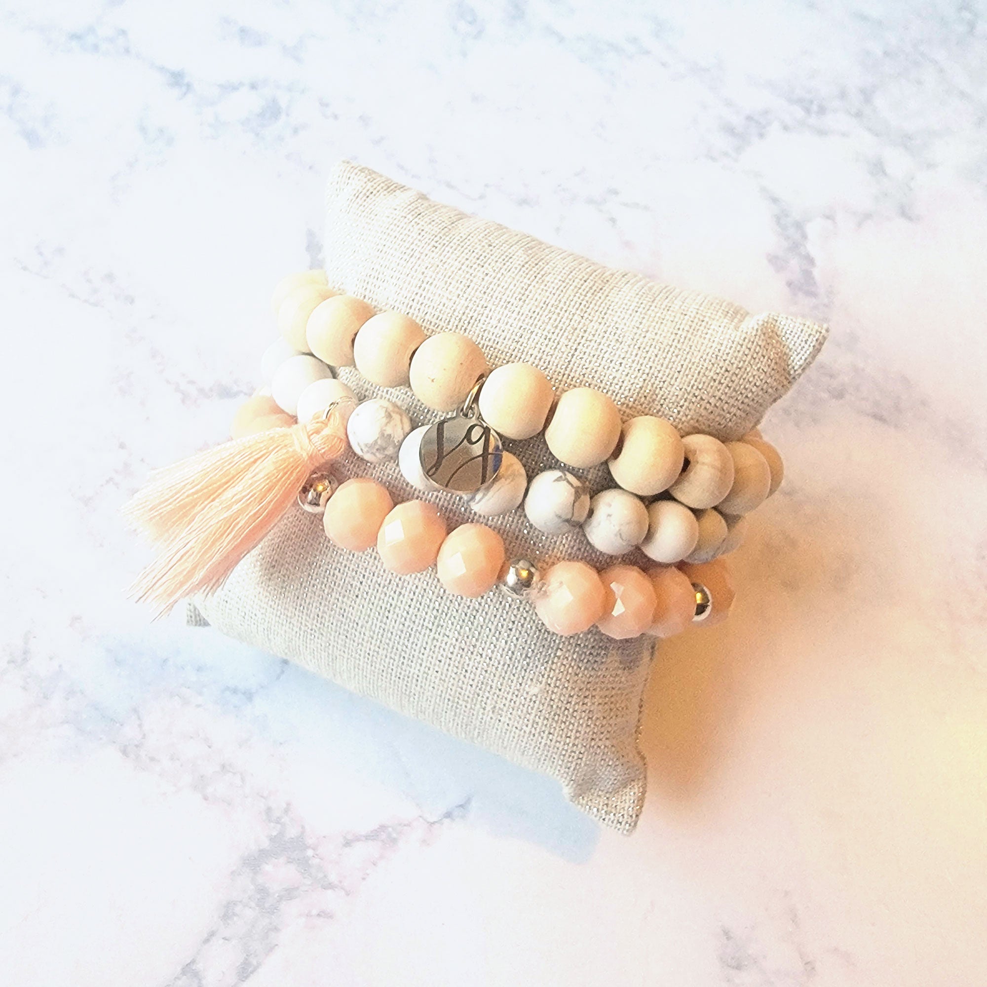 Peach Sands Wood Howlite and Crystal Beaded Bracelet Set