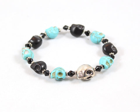 Howlite Skull Day of the Dead Teal and Black with Crystal Beaded Stretch Bracelet