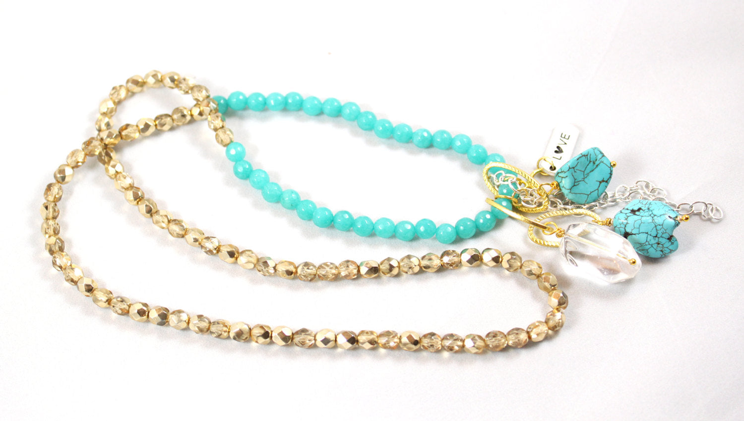 30-32" Long Faceted Aqua Agate and Golden Beaded Love Necklace with Clear Crystal, Love, Turquoise and Metal Findings Dangle Necklace