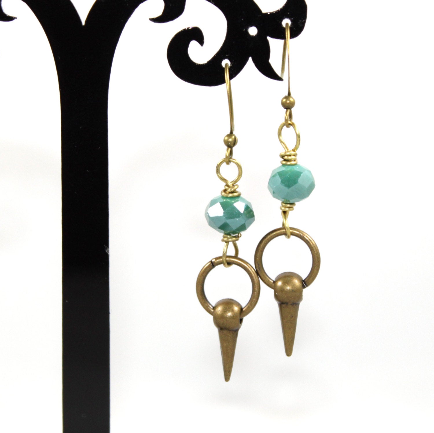 Deep Teal Faceted Agate with Antique Gold Ringed Spike Dangle Earrings