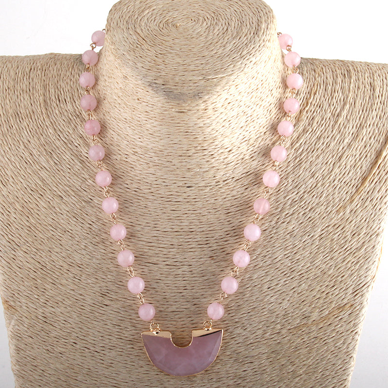 Emma Moon Stone Pendant Necklace - Pink Quartz