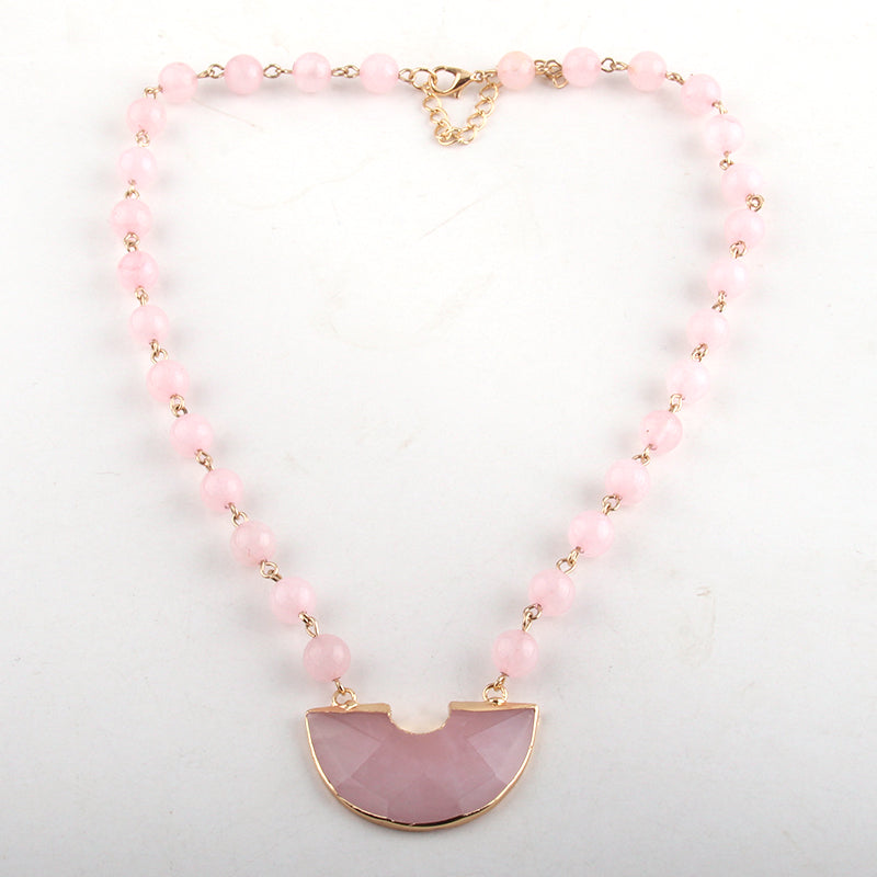 Emma Moon Stone Pendant Necklace - Pink Quartz