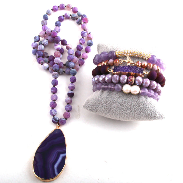 Kirstie Stone Knotted Bead Necklace and Bracelet Stack Set - Amethyst