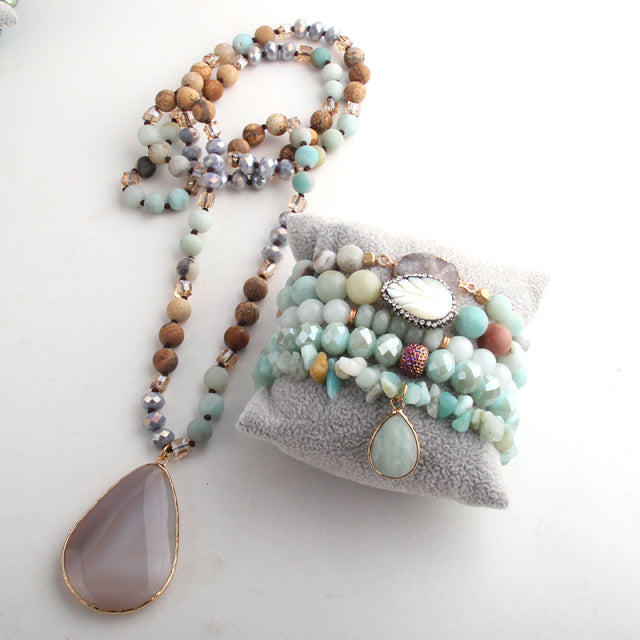 Kirstie Stone Knotted Bead Necklace and Bracelet Stack Set - Amazonite