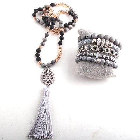 Kirstie Stone Knotted Bead Necklace and Bracelet Stack Set - Coal