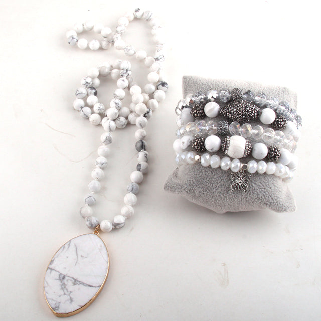 Kirstie Stone Knotted Bead Necklace and Bracelet Stack Set - Howlite